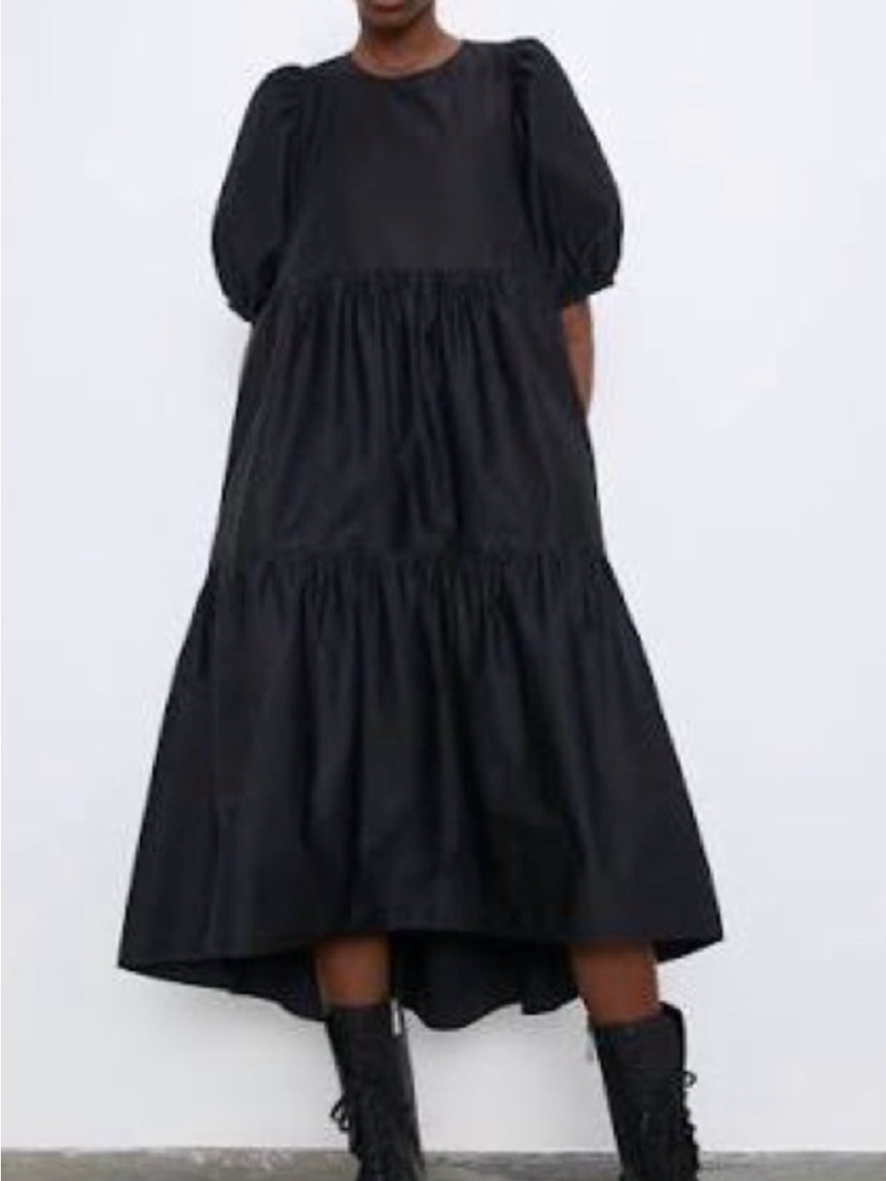H&M Black Puff-Sleeve High-Low Tiered Midi Dress